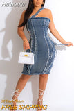 Huibaolu Women Fashion Spaghetti Strap Lace Up Side Bodycon Midi Denim Dress 2023 Sleeveless INS Club Evening Sexy Party Dresses