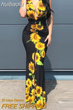 huibaolu Sunflower Print Slit Maxi Dress