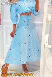 huibaolu Polka Dot Puff Sleeve Button Up Tied Crop Top &amp; Skirt Set Women Two Piece Set