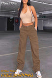 Huibaolu Khaki Wide Leg Cargo Jeans High Waist Big Pockets Baggy Denim Trousers Casual Oversized Pants Street Sweatpants Iamhotty