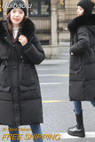 Huibaolu Winter Coat Women Parkas Long Coat Fur Neckline Hooded Jacket Loose Casual Cotton Coats Cushion Warm Puffer Outerwear Female