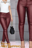 huibaolu Buttoned Casual Coated PU Pants Women Skinny Pencil Pants