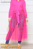 huibaolu Sleeve Button Front Sheer Mesh Shirt Dress with Belt