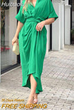 Huibaolu Women Elegant Single Breasted High Waist Sashes Ruched Irregular Shirt Maxi Dress 2023 Summer Chic Long Vestido Dresses