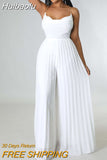 Huibaolu Elegant Women Halter Neck Backless High Waist Pleated Loose Jumpsuit Chic Streetwear Party Wide Leg Straight Playsuit