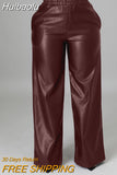 Huibaolu Women Faux Leather Straight High Waist PU Pants INS Elegant Autumn Winter Solid Wide Leg Black Trousers