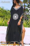 Huibaolu Black Oversize V Neck Moroccan Kaftan Beach Dress Plus Size Women Summer Half Sleeve Side Split Midi Dresses Tunica Q643