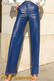 Huibaolu Women Faux Leather Pu Pants Winter Spring Black High Waist Fashion Straight Trousers