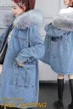 Huibaolu Women's Jeans Coat 2023 New Winter Coats Thick Wool Denim Jacket Korea Loose Hooded Fur Collar Long Clothes Outerwear Female