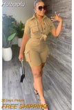 Huibaolu INS Women's Set Short Sleeve Pocket Front Shirt and Pocket Side Shorts Suit 2023 Cargo Two 2 Piece Set Outfit Tracksuits