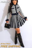 Huibaolu Women Houndstooth Fashion Big Swing High Waist Vintage Faux Long Sleeve Dress 2023 Autumn Winter INS Dresses Vestidos