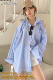 huibaolu 2023 Summer Long Sleeve Women Striped Shirt Korea Style Off The Shoulder Button Loose Ladies Blouse Casual Clothing Tops