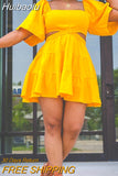 Huibaolu Women Cut Out High Waist Open Back Half Sleeve Big Swing Ruffle Hem Smock Dress 2023 Summer Female Street Yellow Dresses