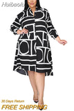 Huibaolu Women Plus Size Dress Print Full Sleeve Single Breasted Loose Straight Knee Length Dresses Fashion Casual Outfit Summer