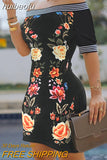 huibaolu Shoulder Floral Print Striped Tape Colorblock Dress