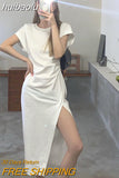 huibaolu Women Dress Summer Simple Fashion Side-Slit Korean Style Elegant Mid-calf Folds Casual Female Vestido Mujer Street Harajuku Cozy