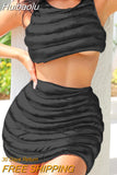 Huibaolu Sexy Black 2 Two Peice Sets Women Outfts Skirts Sleeveless O necl Crop Top Soild Mini Skirt Silver Matching Dress Sets